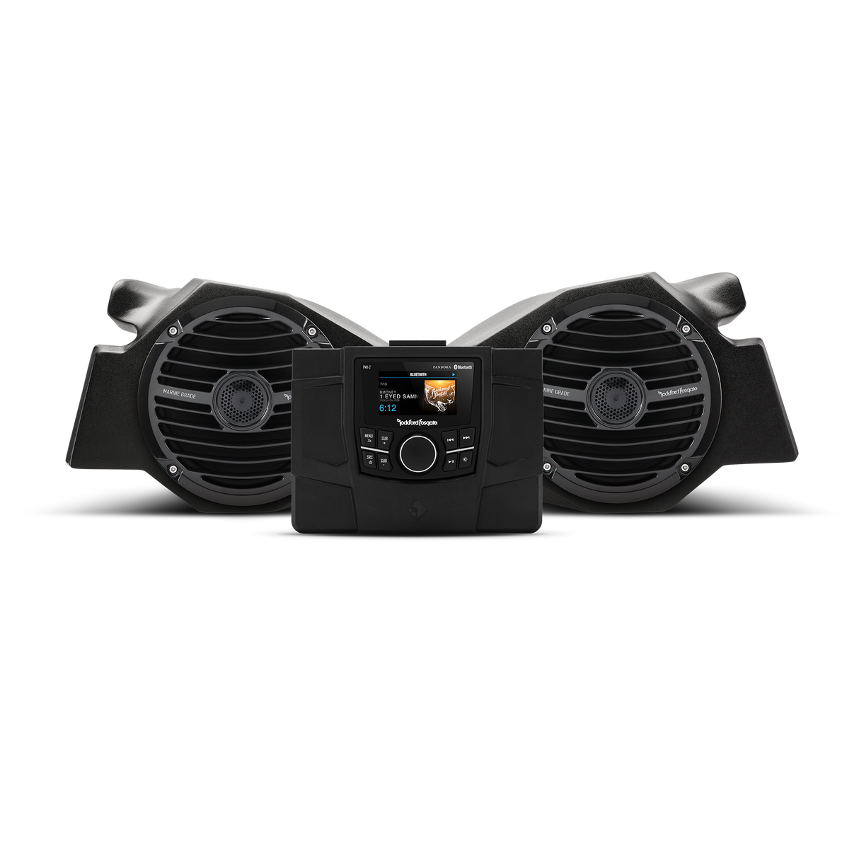 ROCKFORD FOSGATE  RZR-STAGE2           Three Quarter Beauty Shot of Products Included in Kit RZR Stage 2: Stereo and Front Speaker Kit for Select Polaris® RZR® Models (Gen-2)